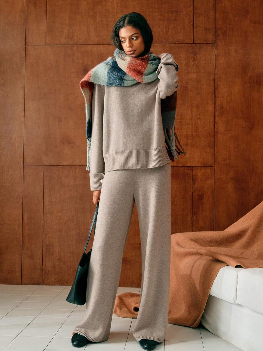 Premium Knitted Two-Piece Set – High Neck Sweater & Wide-Leg Trousers