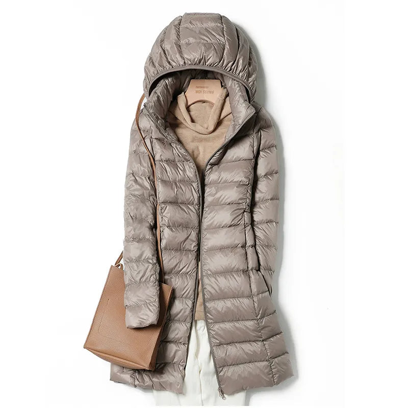 Lange Damenjacke mit abnehmbarer Kapuze – Puffer-Stil