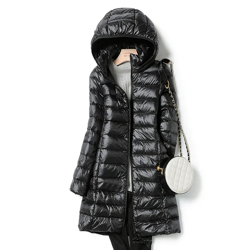 Lange Damenjacke mit abnehmbarer Kapuze – Puffer-Stil
