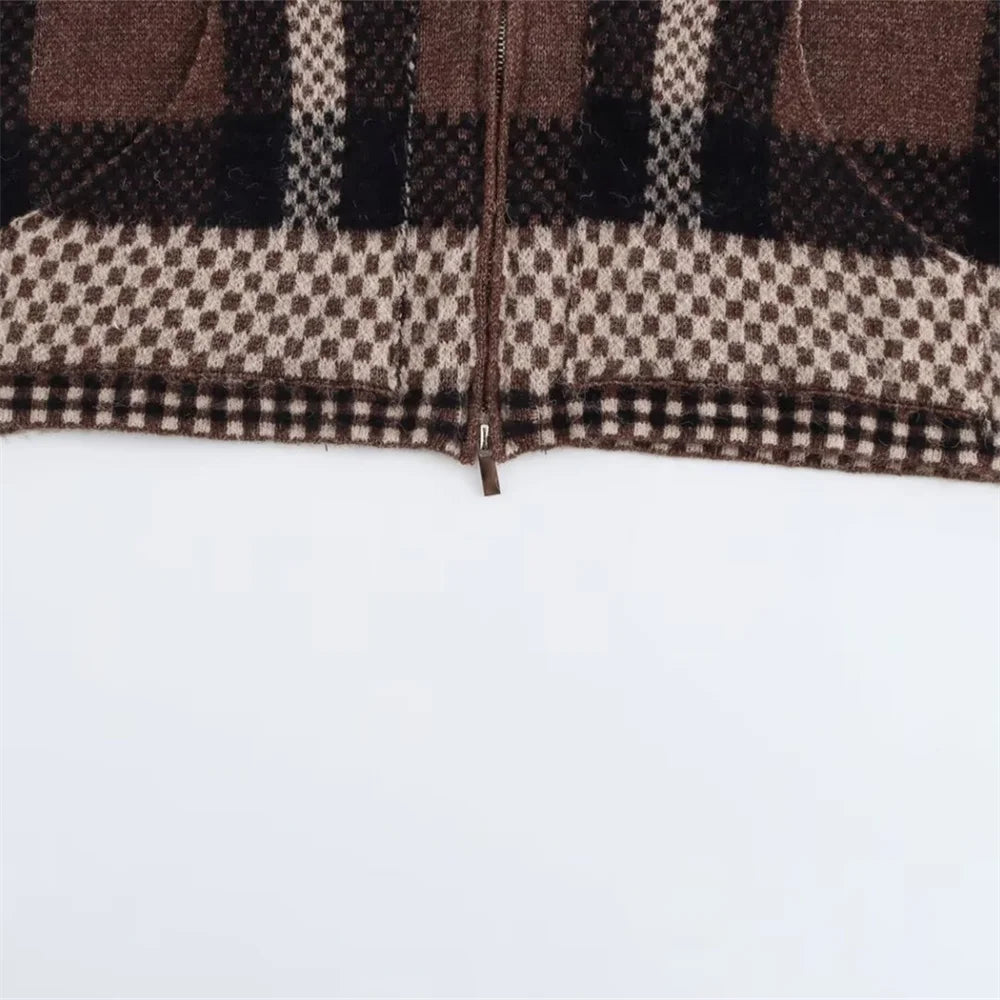 Elegant Plaid Pocket Zipper Sweater Coat for Women
