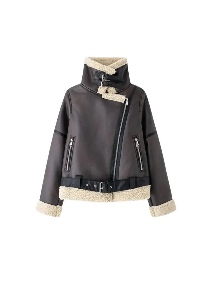 Women's Thick Warm Suede Jacket with Belt