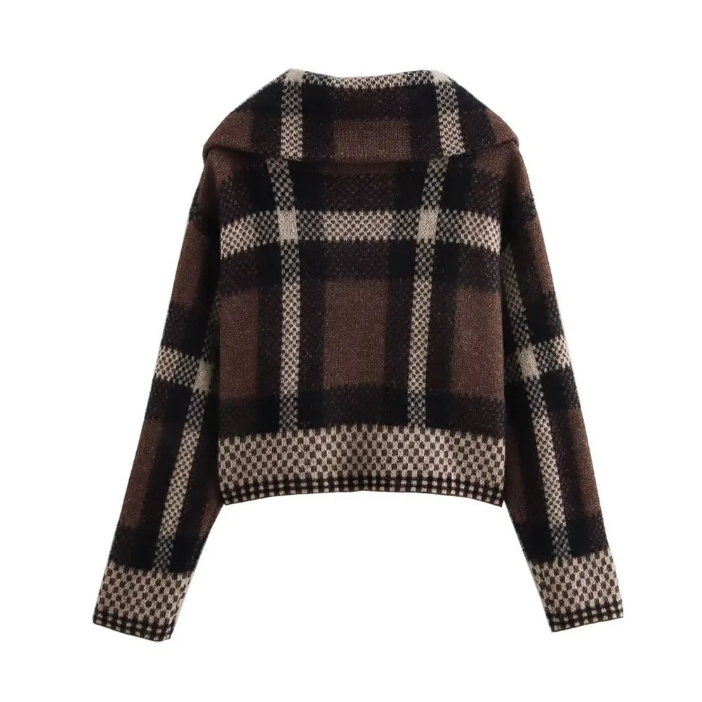 Elegant Plaid Pocket Zipper Sweater Coat for Women