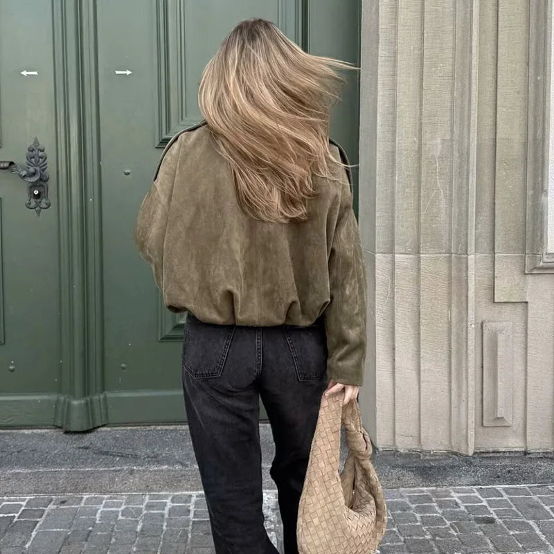 Chic Vintage Women's Bomber Jacket with Turn-Down Collar