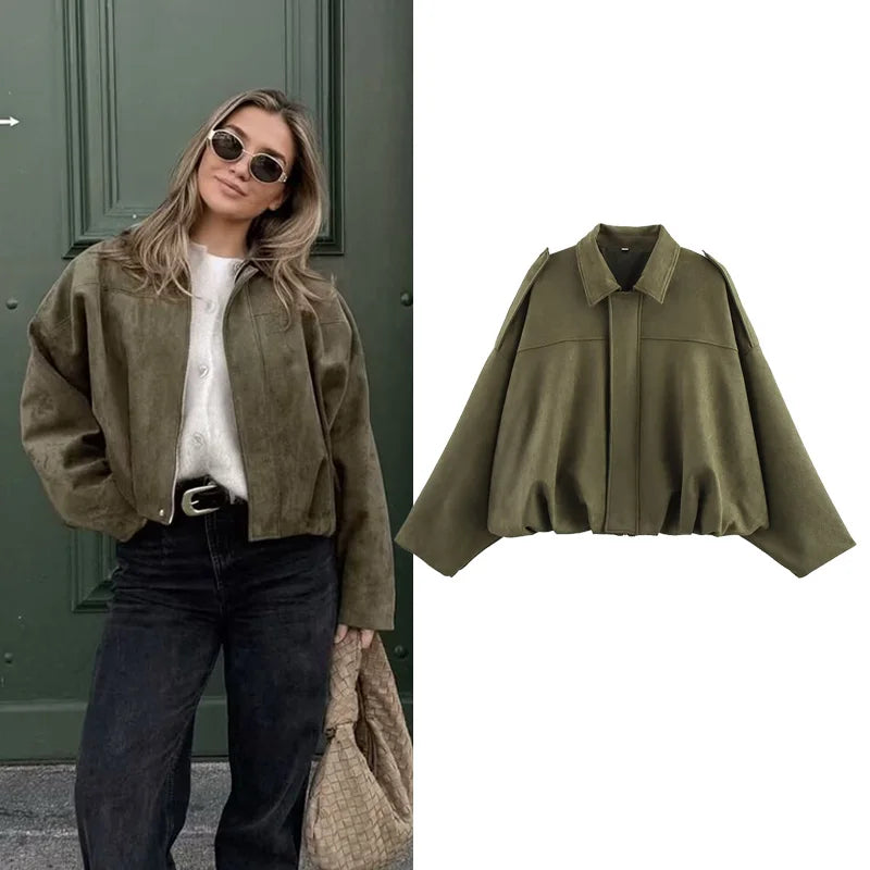 Chic Vintage Women's Bomber Jacket with Turn-Down Collar