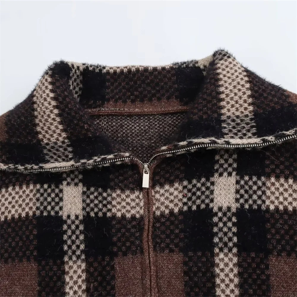 Elegant Plaid Pocket Zipper Sweater Coat for Women