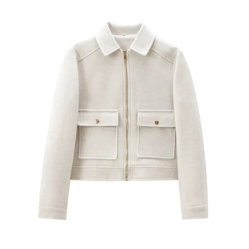 Elegant Women's Vintage Warm Coat with Zipper Pockets