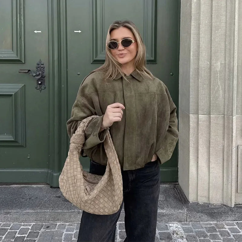 Chic Vintage Women's Bomber Jacket with Turn-Down Collar