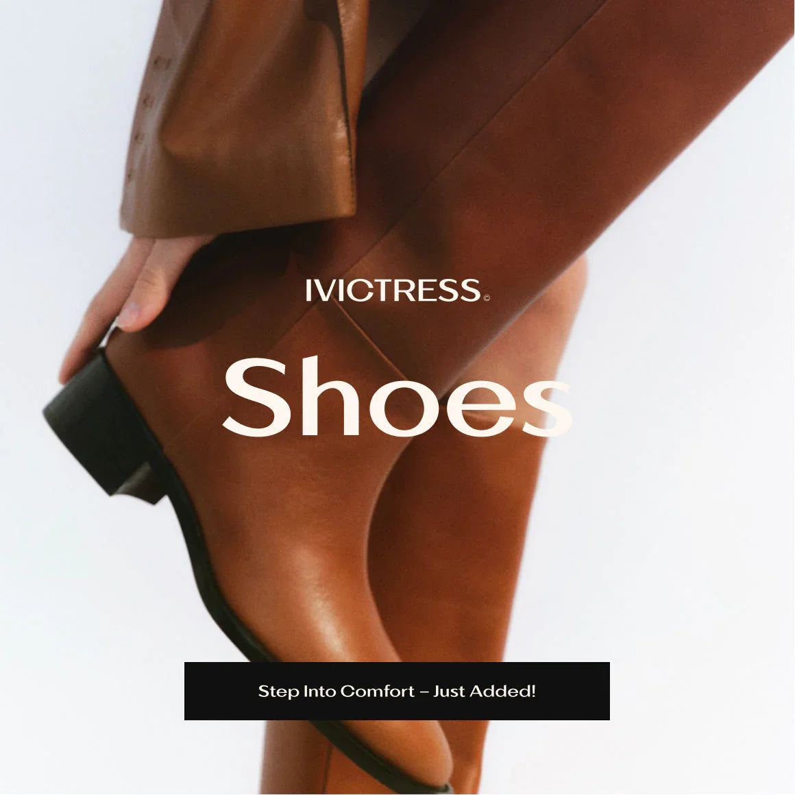 Woman wearing elegant knee-high brown leather boots, stylish fall footwear collection