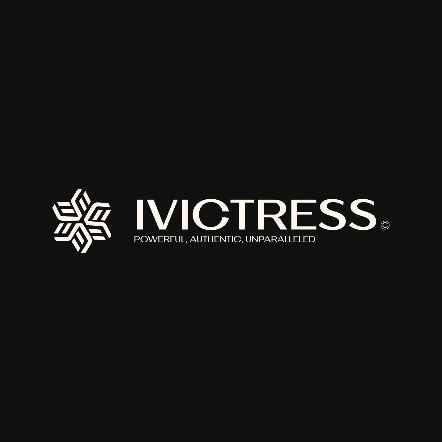 Minimalist feminine logo with geometric star and text displaying 'Ivictress' and tagline on black background.