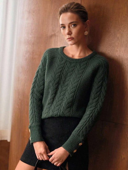 Premium Cable-Knit Sweater with Button Details – Forest Green Edition