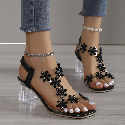 Women's Square Heel Sandal with Flower Stones