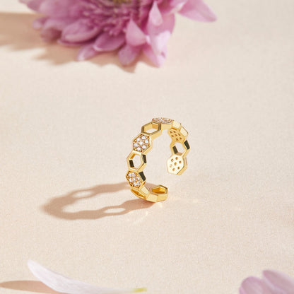 Gold and Crystal Honeycomb Ring