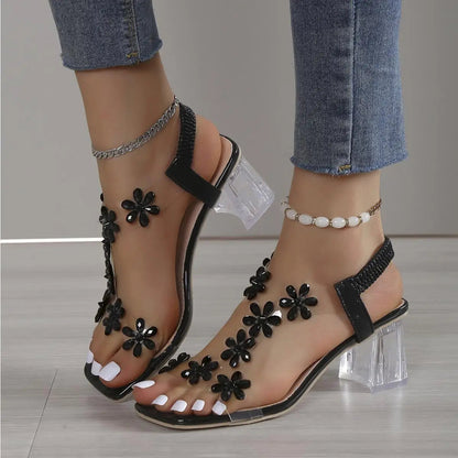 Women's Square Heel Sandal with Flower Stones