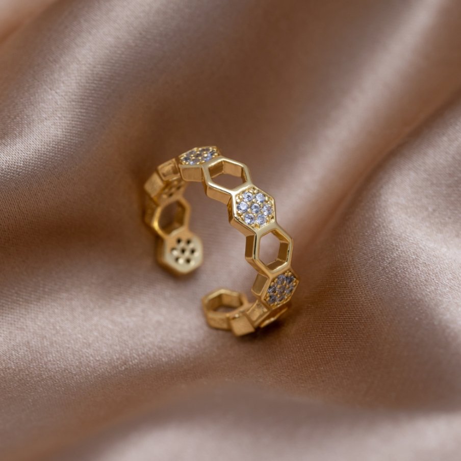 Gold and Crystal Honeycomb Ring