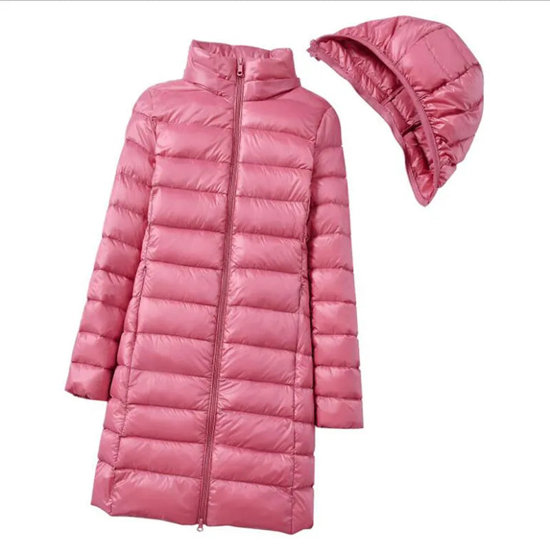 Women's Long Jacket with Removable Hood - Puffer Style