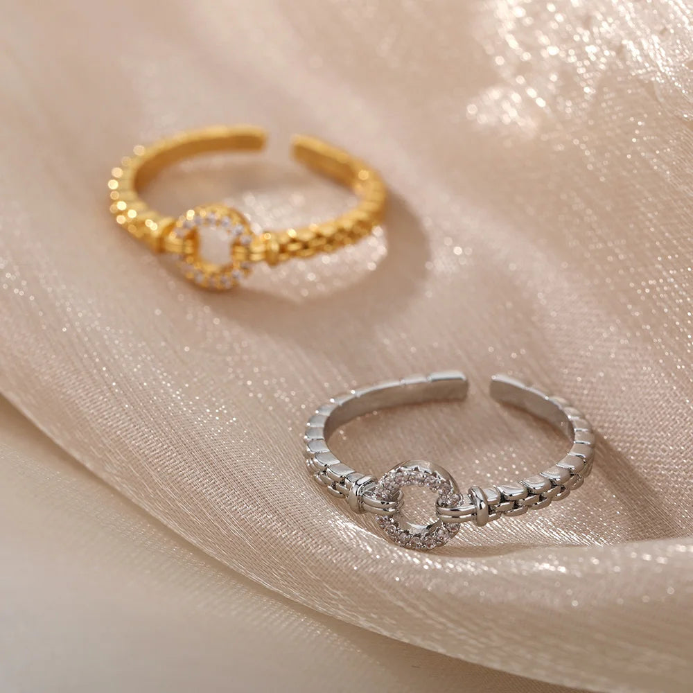 Bague élégante réglable en acier inoxydable avec chaîne en zircon