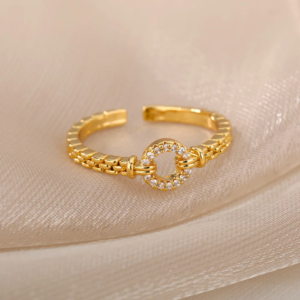 Bague élégante réglable en acier inoxydable avec chaîne en zircon
