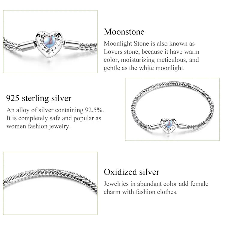 925 Sterling Silver Heart Moonstone Basic Chain Bracelets