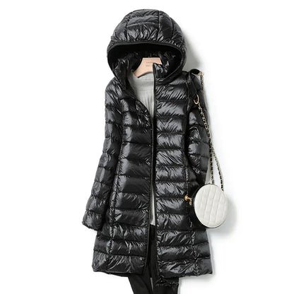 Women's Long Jacket with Removable Hood - Puffer Style