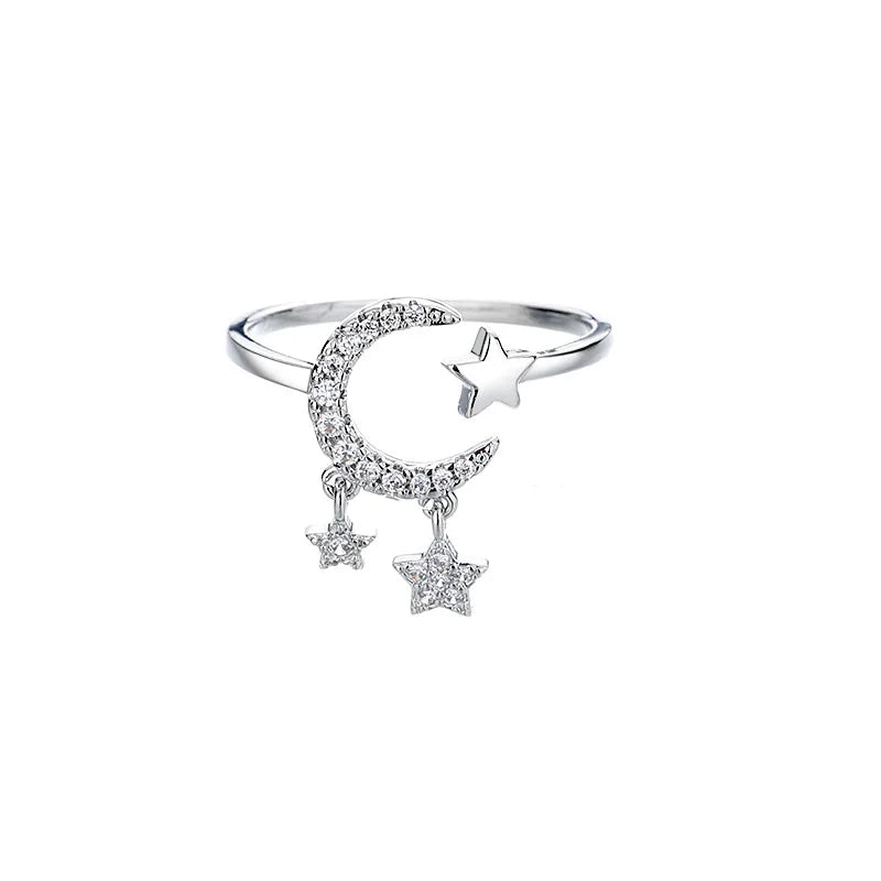 Lunar Elegance 925 Silver Moon Tassel Ring