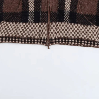 Elegant Plaid Pocket Zipper Sweater Coat for Women