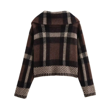 Elegant Plaid Pocket Zipper Sweater Coat for Women