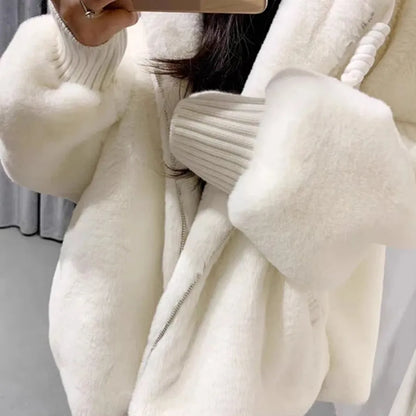 White Imitation Lambwool Outwear Top Coat Women