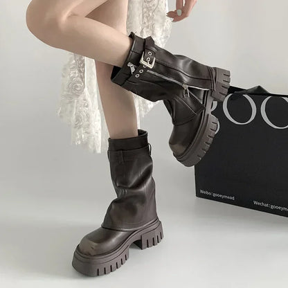 Elegant Women's Biker Boots with Fashion Belt Buckle