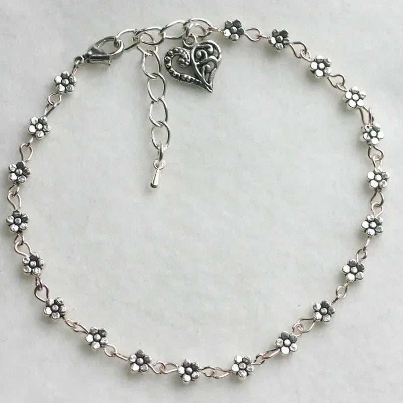 Floral Anklet with Heart Pendant