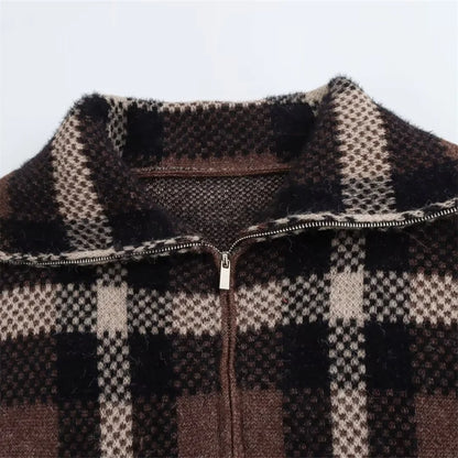 Elegant Plaid Pocket Zipper Sweater Coat for Women