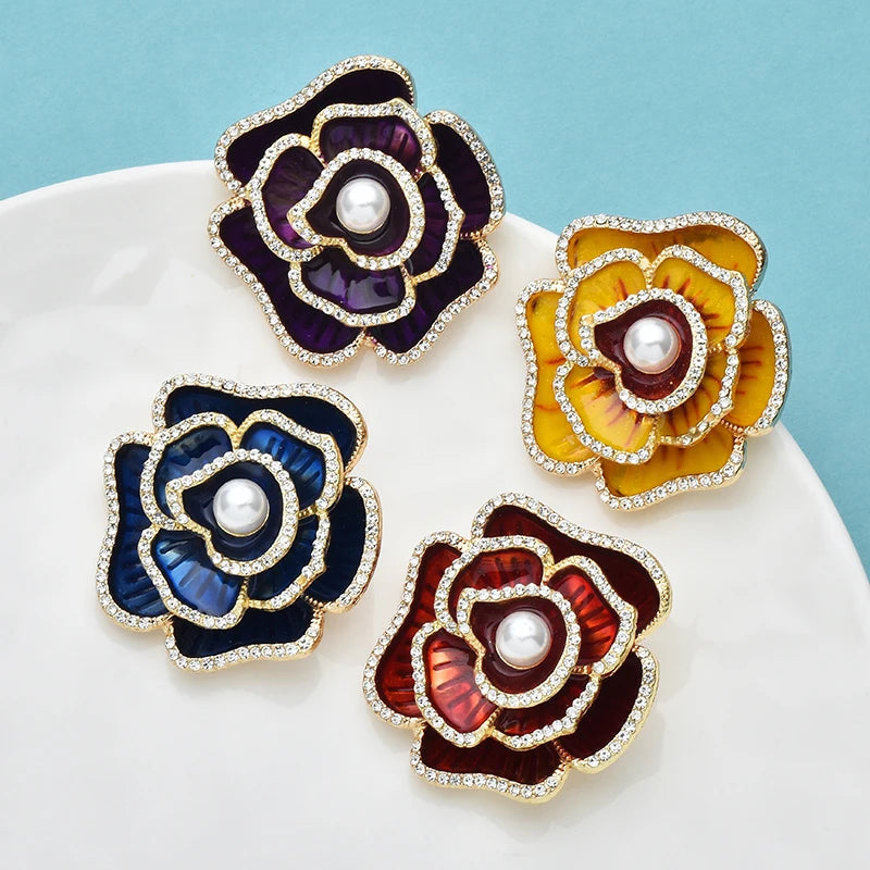 Enamel Crystal Camellia Flower Brooch – alternate view 2