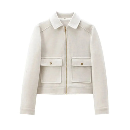 Elegant Women's Vintage Warm Coat with Zipper Pockets
