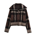 Elegant Plaid Pocket Zipper Sweater Coat for Women