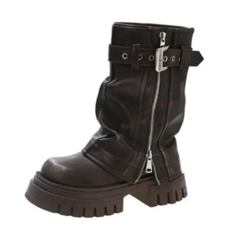 Elegant Women's Biker Boots with Fashion Belt Buckle