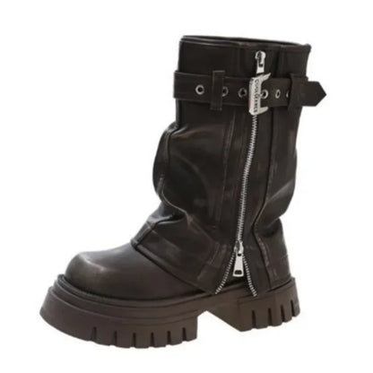 Elegant Women's Biker Boots with Fashion Belt Buckle