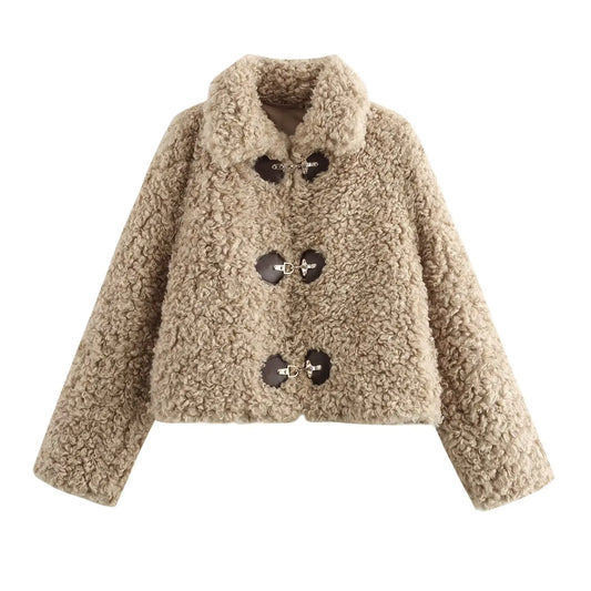 Elegant Women's Winter Jacket with Flip Collar and Rope Buckle