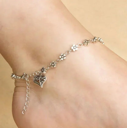 Floral Anklet with Heart Pendant