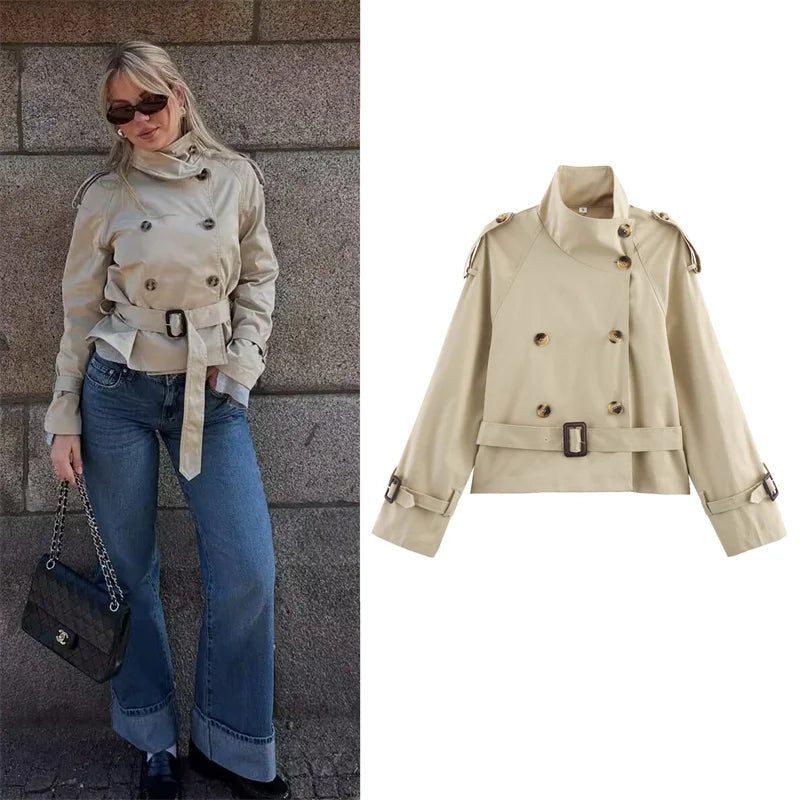 Elite Women's Cropped Trench Coat with Belt - Spring Fashion 2025