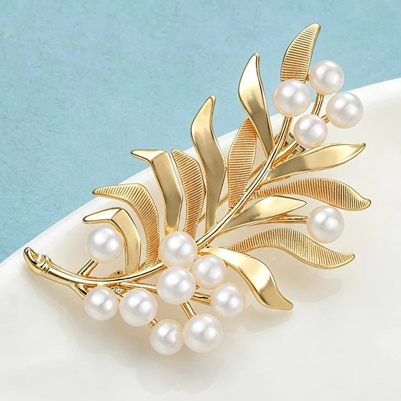 Faux Pearl Leaf Brooch – alternate view 2