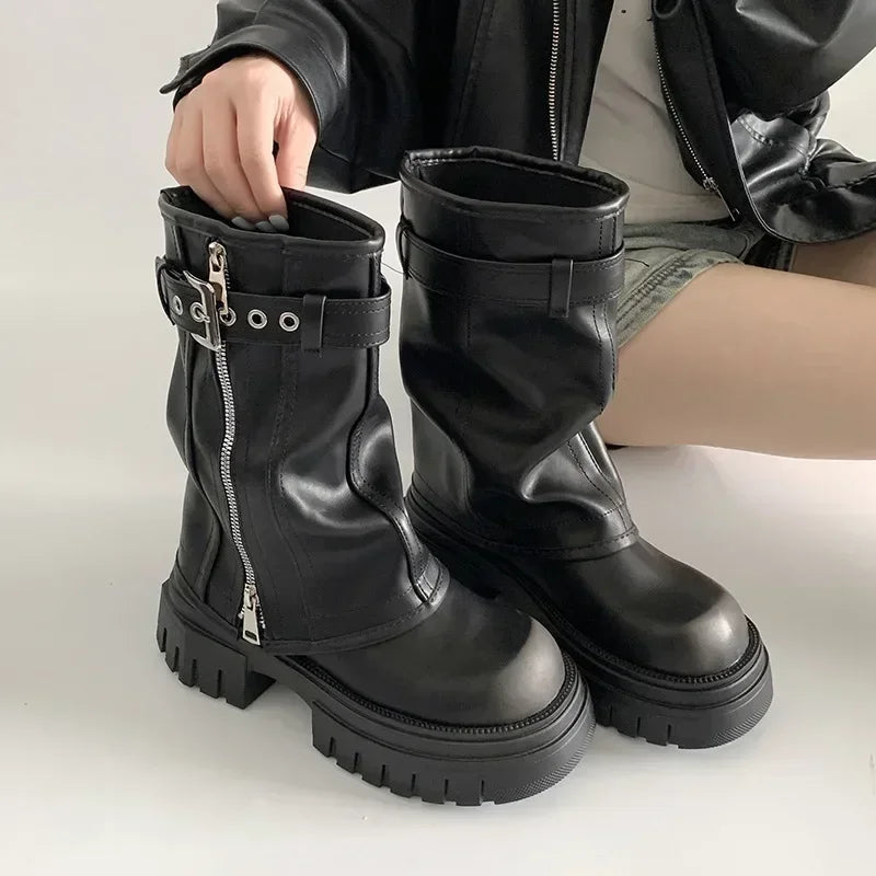 Elegant Women's Biker Boots with Fashion Belt Buckle