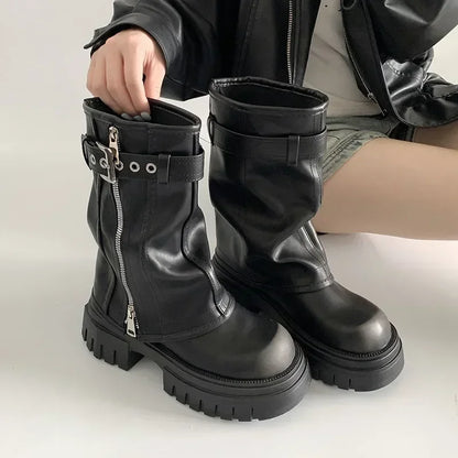 Elegant Women's Biker Boots with Fashion Belt Buckle