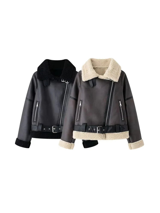 Women's Thick Warm Suede Jacket with Belt