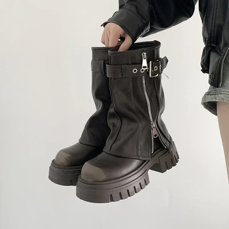 Elegant Women's Biker Boots with Fashion Belt Buckle