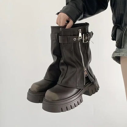 Elegant Women's Biker Boots with Fashion Belt Buckle