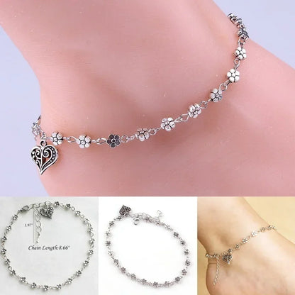 Floral Anklet with Heart Pendant