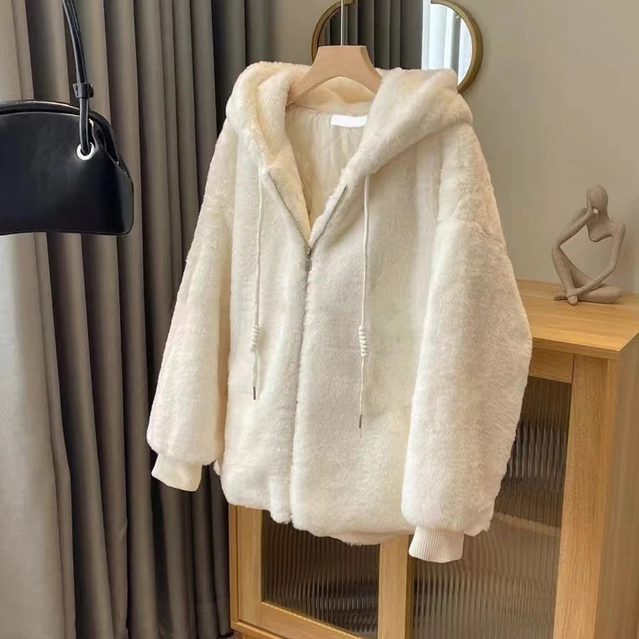 White Imitation Lambwool Outwear Top Coat Women