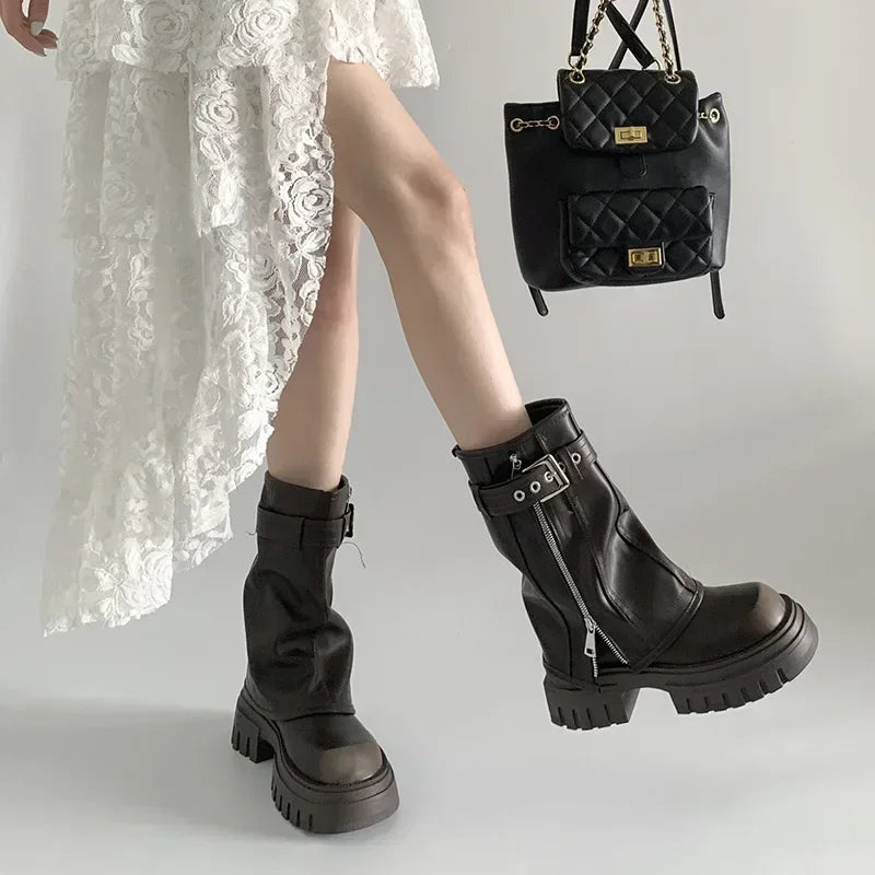 Elegant Women's Biker Boots with Fashion Belt Buckle