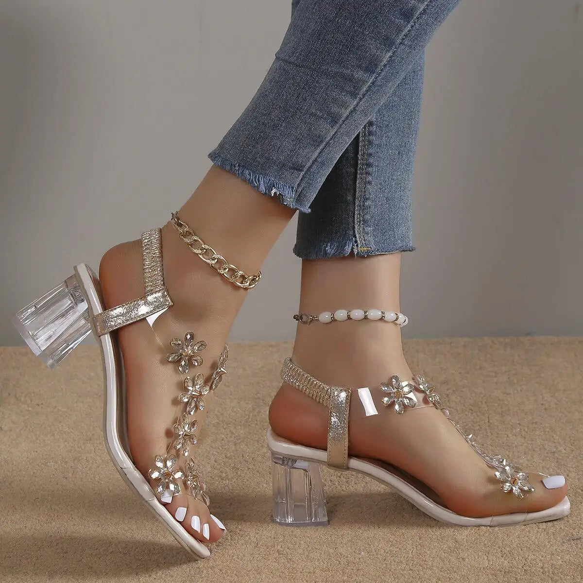 Women's Square Heel Sandal with Flower Stones