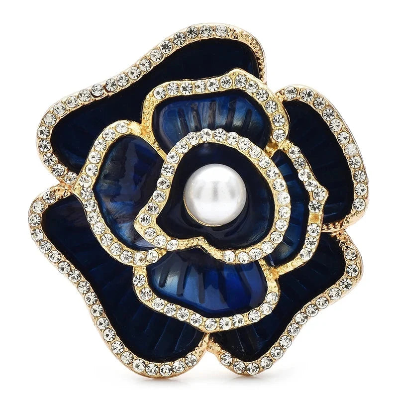 Enamel Crystal Camellia Flower Brooch