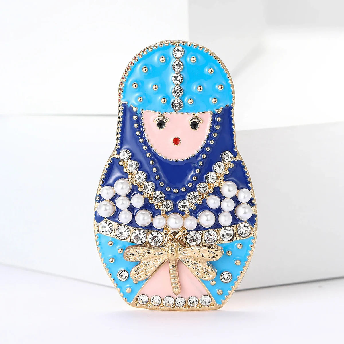 Enamel Crystal Matryoshka Doll Brooch